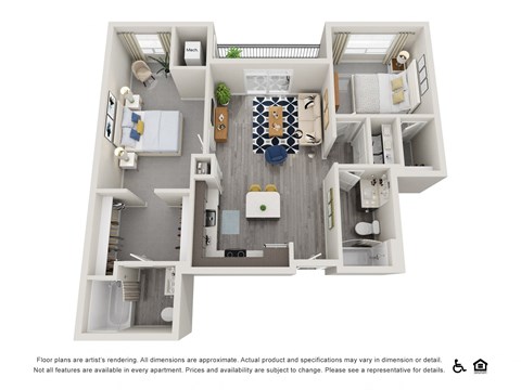 Floor plan for 2 beds, 2 baths, 967 sqft